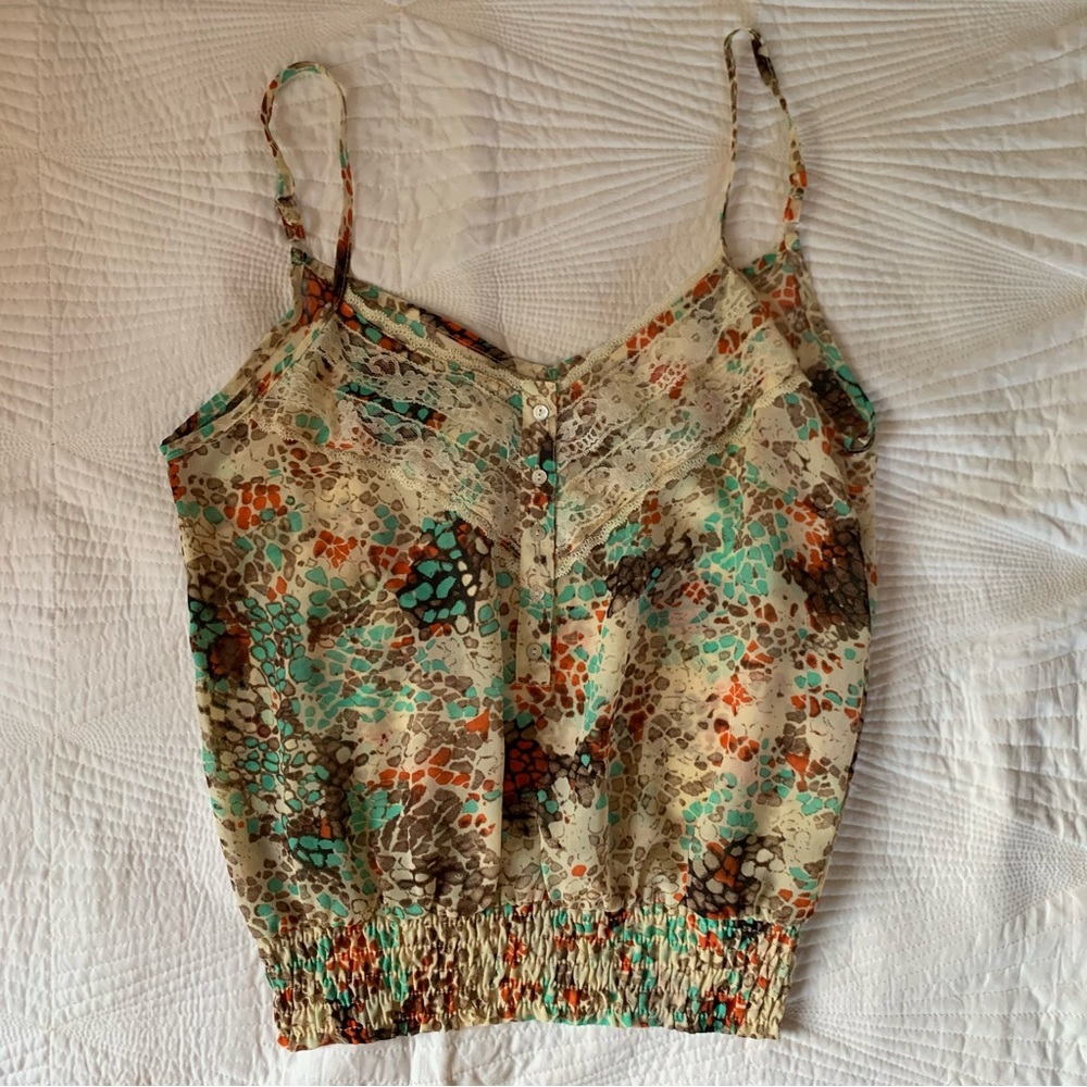 American Rag Splatter Desert Lace Buttons and Smocked Detail Tank Top Blouse